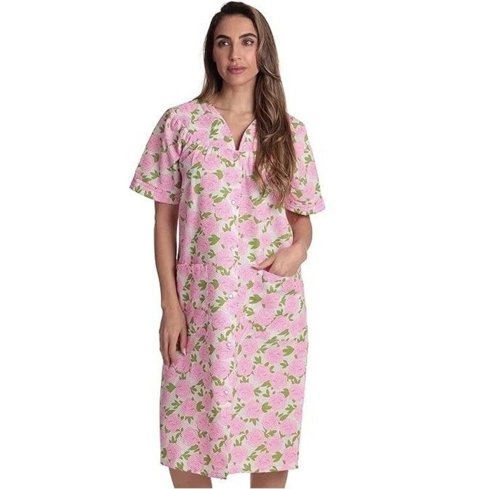 Dreamcrest Short Sleeve Seersucker‎ Duster Snap Close Pockets L